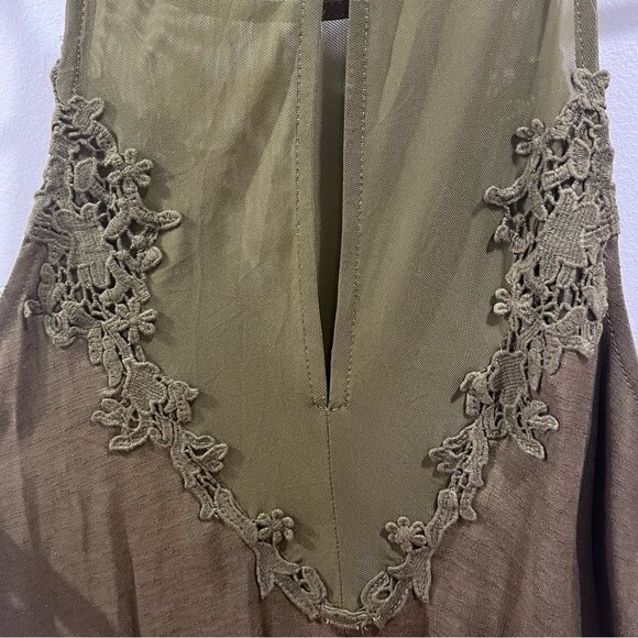 Lush army green deep sheer lace lined vneck front and back dress size small - Picture 8 of 9
